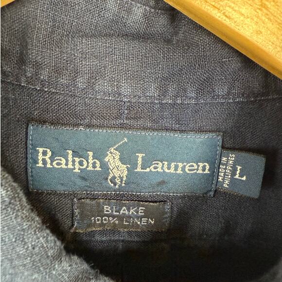 VTG 90s Polo Ralph Lauren 100% Linen Shirt Mens Sz L Navy Blue Blake Shirt - Picture 4 of 7